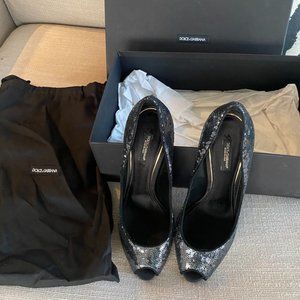 Dolce & Gabbana Black Sequin Peep Toe Pumps Size 39